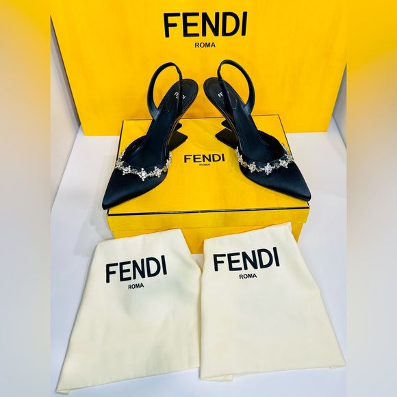 Fendi First Slingback Heels Black Satin With Nero Crystal Size 37.5 Retail$1790 - Picture 16 of 16